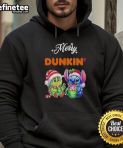 Alt Text: Premium Baby Grinch and Stitch X Dunkin Merry Christmas Hoodie featuring festive designs for cozy holiday wear.