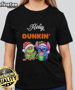 Premium Baby Grinch and Stitch X Dunkin Merry Christmas Ladies Tee featuring festive design for holiday cheer.