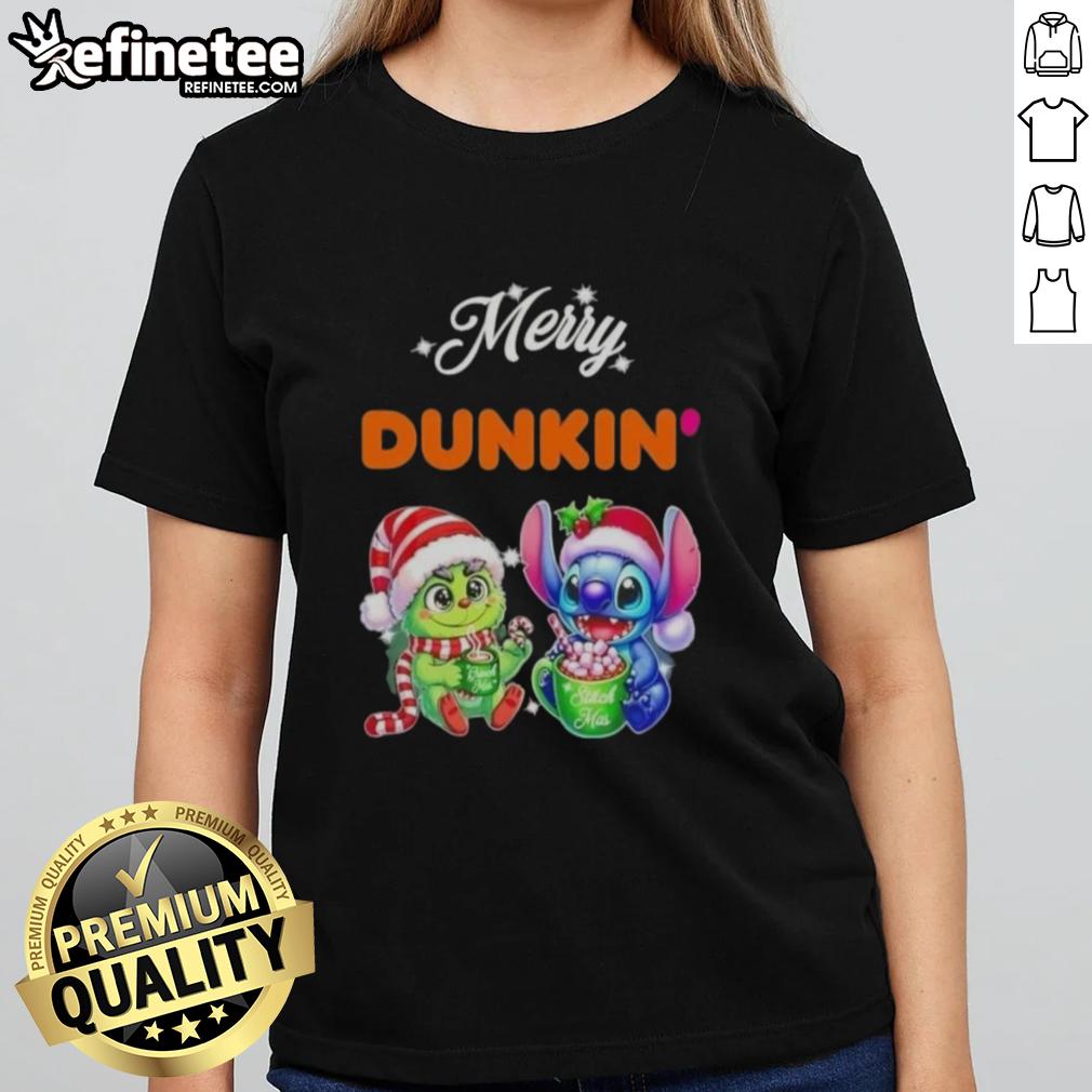 premium-baby-grinch-and-stitch-x-dunkin-merry-christmas-ladies-tee Premium Baby Grinch and Stitch X Dunkin Merry Christmas Ladies Tee featuring festive design for holiday cheer.