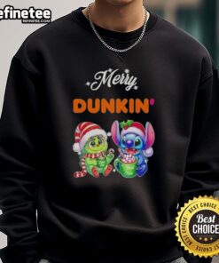 Alt Text: Premium Baby Grinch and Stitch X Dunkin Merry Christmas Sweatshirt featuring festive graphics for the holiday season.