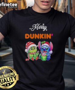 Alt Text: Premium Baby Grinch and Stitch X Dunkin' Merry Christmas T-Shirt featuring festive graphics for holiday cheer.