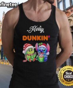 Premium Baby Grinch and Stitch X Dunkin Merry Christmas tank top, perfect for festive holiday wear.