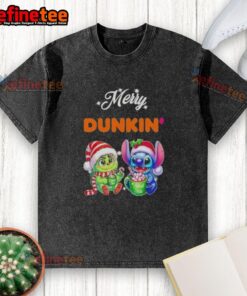 Alt Text: Premium Baby Grinch and Stitch X Dunkin Merry Christmas washed t-shirt featuring festive graphics and vibrant colors.