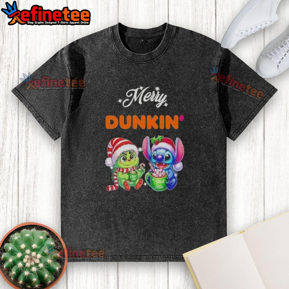 premium-baby-grinch-and-stitch-x-dunkin-merry-christmas-washed-t-shirt Alt Text: Premium Baby Grinch and Stitch X Dunkin Merry Christmas washed t-shirt featuring festive graphics and vibrant colors.