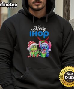 Premium Baby Grinch and Stitch x IHOP Merry Christmas hoodie featuring festive designs for holiday cheer.