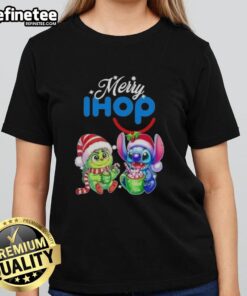 Premium Baby Grinch and Stitch x IHOP Merry Christmas ladies tee featuring festive designs and vibrant colors.