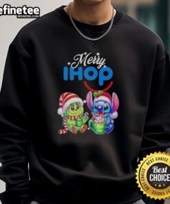 Alt Text: Premium Baby Grinch and Stitch x IHOP Merry Christmas Sweatshirt featuring festive designs for kids' holiday wear.