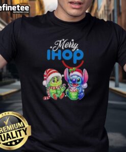 Premium Baby Grinch and Stitch X IHOP Merry Christmas T-Shirt featuring festive graphics for holiday cheer.