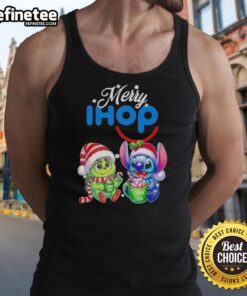 Premium Baby Grinch and Stitch X IHOP Merry Christmas tank top featuring festive characters and vibrant holiday colors.