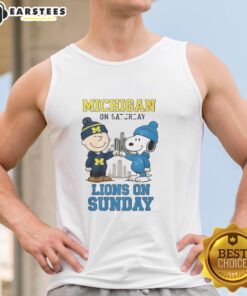 Premium Charlie Brown Michigan Wolverines tank top featuring Snoopy for Detroit Lions fans, perfect for game day.