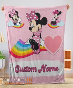 Premium Cute Official Disney Cartoon Minnie With Rainbow Blanket Fleece Customized Blanket