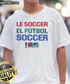 Premium FIFA World Cup 2026 T-shirt featuring Mexico and USA soccer themes in English and Spanish for football fans.