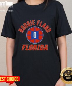 Alt Text: Premium Florida Gators Basketball Boogie Fland Ladies Tee featuring name and number design, perfect for fans.