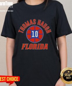 Premium Florida Gators Basketball Ladies Tee featuring Thomas Haugh's name and number 10 design.