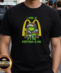 Alt Text: Premium Grinch Christmas Tree X McDonald's t-shirt design featuring I Work At It's Fine Everything Is Fine slogan.