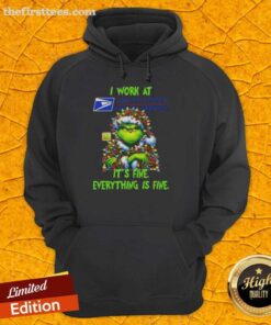 Premium Grinch Christmas Tree hoodie featuring 'I Work At It's Fine Everything Is Fine' design for festive holiday wear.