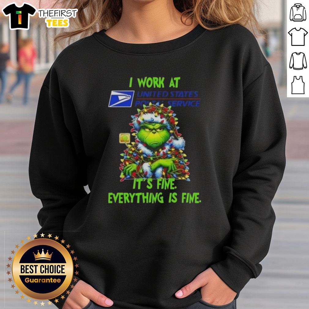premium-grinch-christmas-tree-x-usps-i-work-at-its-fine-everything-is-fine-sweatshirt Alt Text: Premium Grinch Christmas Tree sweatshirt featuring I Work At It's Fine Everything Is Fine design for festive style.