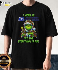 Premium Grinch Christmas Tree T-Shirt: 'I Work At It's Fine Everything Is Fine' - Perfect for holiday cheer!