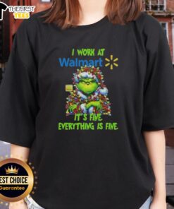 Premium Grinch Christmas Tree tee available at Walmart, featuring 'I work at it's fine, everything is fine' design for ladies.