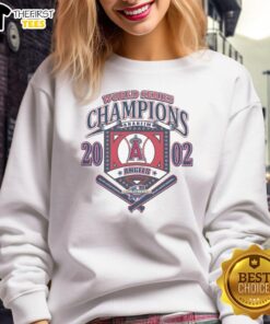 Alt Text: Premium Los Angeles Angels white sweatshirt celebrating Anaheim Angels Cooperstown World Series Champions.