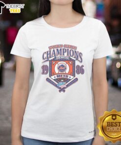 Alt Text: Premium New York Mets white Cooperstown World Series Champions arch ladies tee showcasing team pride and style.