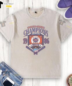 Alt Text: Premium New York Mets white Cooperstown World Series Champions arch washed t-shirt displayed on a wooden background.