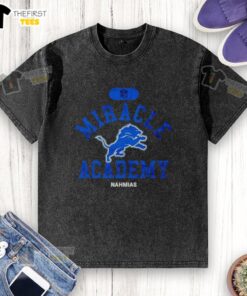 Alt Text: Premium NFL Detroit Lions Miracle Academy Nahmias washed t-shirt in blue, perfect for fans and casual wear.