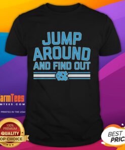 Alt Text: Premium North Carolina Tar Heels Basketball Jump Around And Find Out T-Shirt featuring vibrant team colors and logo.