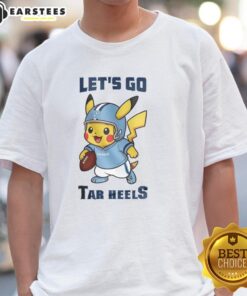 Alt Text: Premium North Carolina Tar Heels X Pikachu Lets Go T-Shirt featuring vibrant graphics and a comfortable fit for fans.
