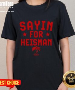 Alt Text: Premium Ohio State Buckeyes Football Julian Sayin For Heisman Ladies Tee, showcasing team spirit and style.