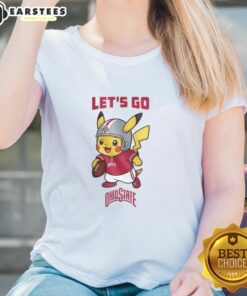Premium Ohio State Buckeyes X Pikachu Let's Go ladies tee featuring vibrant graphics and a stylish fit for fans.