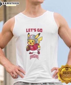 Premium Ohio State Buckeyes X Pikachu Let's Go tank top featuring vibrant graphics for fans and Pokmon lovers.