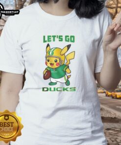Premium Oregon Ducks x Pikachu Let's Go ladies tee featuring vibrant graphics and a stylish design for fans.