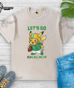 Premium Oregon Ducks x Pikachu Let's Go washed t-shirt featuring vibrant colors and a fun design for fans.