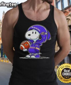 Premium Peanuts Snoopy in a hoodie smiling at fans on a Baltimore Ravens tank top, showcasing team spirit and fun.