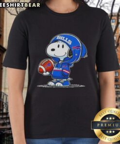 Snoopy in a Buffalo Bills hoodie smiles at fans on a ladies tee featuring premium peanuts design.