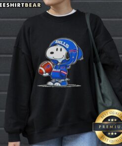 Snoopy in a Buffalo Bills hoodie smiles at fans, showcasing the Premium Peanuts sweatshirt design.