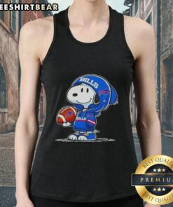 Snoopy wearing a Buffalo Bills hoodie smiles at fans on a tank top, showcasing premium peanuts design.