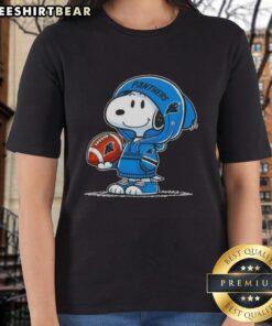 Alt Text: Premium Peanuts tee featuring Snoopy in a Carolina Panthers hoodie, smiling at fans, perfect for ladies.