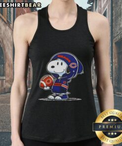 Alt Text: Snoopy in a Chicago Bears hoodie smiles at fans on a tank top, showcasing premium peanuts design.
