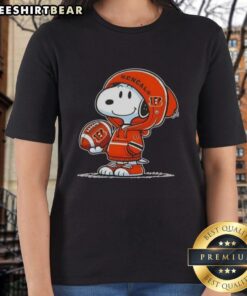 Premium Peanuts Snoopy in a Cincinnati Bengals hoodie, smiling at fans on a ladies tee shirt.