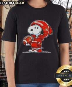 Premium Peanuts Snoopy in a Cleveland Browns hoodie smiles at fans on a ladies tee shirt