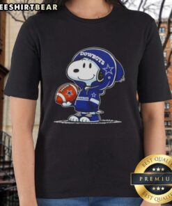 Premium Peanuts Snoopy in a hoodie smiles at fans, perfect for Dallas Cowboys ladies tee collection.
