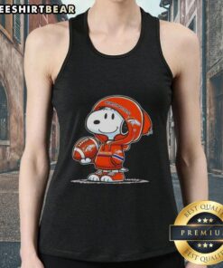 Premium peanuts Snoopy wearing a Denver Broncos hoodie, smiling at fans on a tank top design.