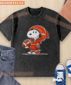 Premium Peanuts Snoopy in a Denver Broncos hoodie smiling at fans on a washed t-shirt, perfect for team spirit.