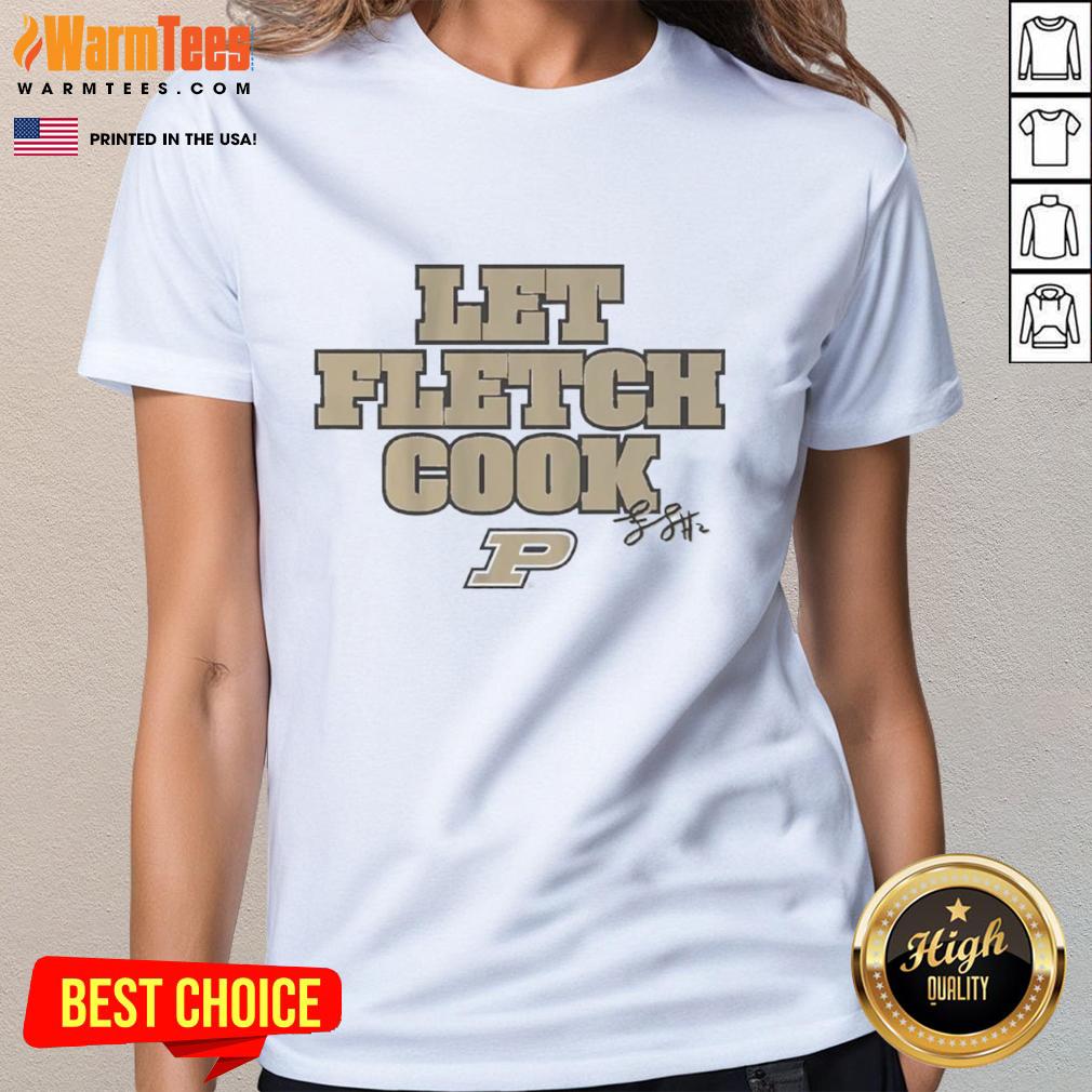 premium-purdue-boilermakers-basketball-fletcher-loyer-let-fletch-cook-signature-ladies-tee Alt Text: Premium Purdue Boilermakers basketball tee featuring Fletcher Loyer's Let Fletch Cook signature for ladies.