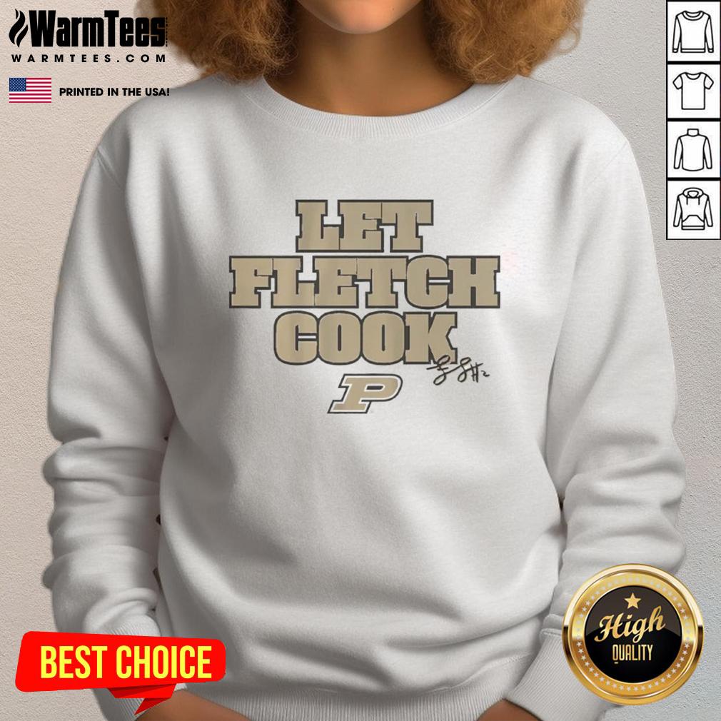 premium-purdue-boilermakers-basketball-fletcher-loyer-let-fletch-cook-signature-sweatshirt Alt Text: Premium Purdue Boilermakers basketball sweatshirt featuring Fletcher Loyer's Let Fletch Cook signature design.