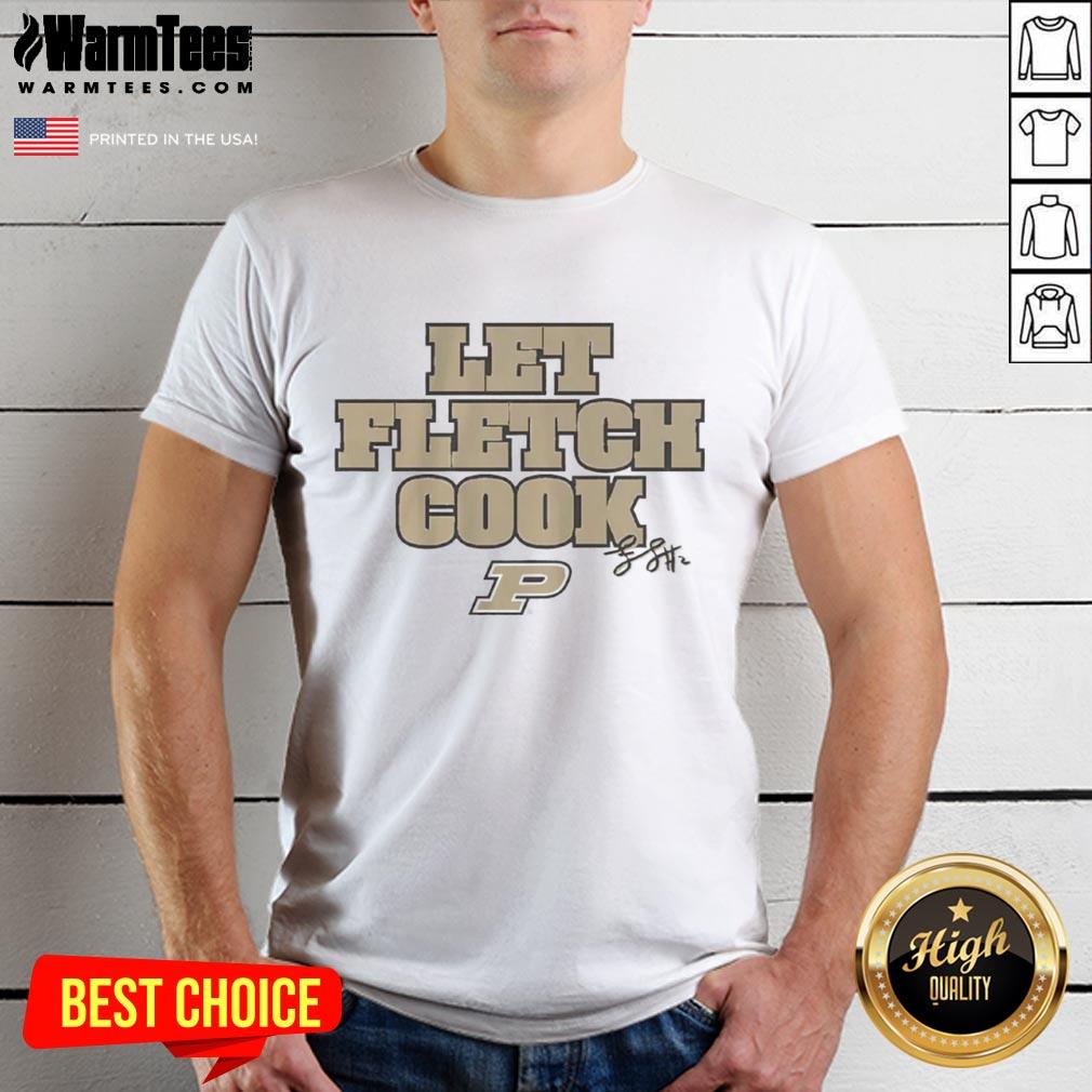 premium-purdue-boilermakers-basketball-fletcher-loyer-let-fletch-cook-signature-t-shirt-1 Premium Purdue Boilermakers Basketball Fletcher Loyer 'Let Fletch Cook' signature T-shirt in black with team logo.