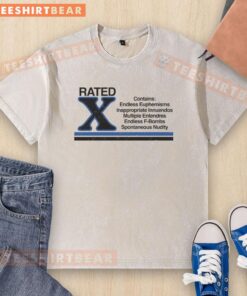 Premium Rated X T-shirt featuring endless euphemisms and inappropriate innuendos for a humorous style.