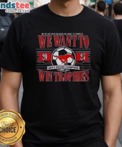 Alt Text: Premium SMU Mustangs Men's Soccer Champions T-Shirt celebrating trophy wins with vibrant design and team logo.